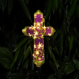 Quterhero Solar Cross Stake for Cemetery Grave, Memorial Grave Decoration with Flowers and LED Light, Outdoor Solar Cross for Lawn Garden Pathway Decor (Fuchsia)
