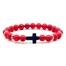 Lava Volcanic Stone Beaded Turquoise Cross Stretch Bracelet 8MM Natural Stone Healing Cross Religious Christian Prayer Elastic Bracelets for Women Men Good Luck Protection Amulet Jewelry Gifts (Red)