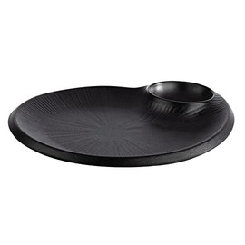 APS 85074 Nero Melamine Plate with Integrated Dip Bowl, Serving Plate for Many Foods, 24.0 x 20.0 x 2.5 cm