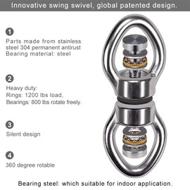 SELEWARE Silent Bearing Swing Swivel with 2 Carabiners, 360° Rotational Device Hanging Accessory for Tree Swing, Hammock Chair, Climbing Rope, Yoga, Kids Swing Swivel,1200LB Capacity