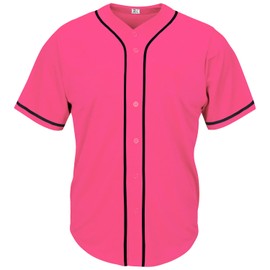Pullonsy Men's Plain Baseball Jersey Button Down Mesh Cool Hip-Hop Hipster Shirt,Black Stripe Hot Pink Jersey,Size L