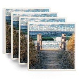 Lantern Press Outer Banks, North Carolina, Steps to Beach (Absorbent Ceramic Coasters Set of 4 Matching Images, Cork Back, Kitchen Table Decor)