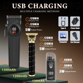 Hair Clippers for Men, 3-Piece Professional Grooming Kit Includes Hair Clipper, LED Power Display,Detail Trimmer and Nose Trimmer, Complete Cordless Set for Home Barber Use (Black)