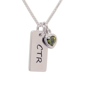 Cherished Moments Girl's Sterling Silver CTR Bar Necklace with August Simulated Birthstone Heart Charm (Green)