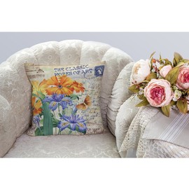 HGOD DESIGNS Throw Pillow Cover Orris Flower with Vintage Butterfly Stamp Retro Letter Violet Yellow Green Home Decorative Pillow Cases Cotton Linen Square Cushion Covers for Sofa Couch 18x18 Inch