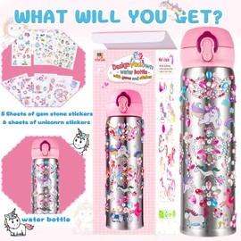 YOFUN Decorate Your Own Water Bottle with 11 Sheets of Unicorn Stickers & Glitter Gems, Craft Kit & Art Kit for Children, Gift for Girls Age 4 5 6 7 8 9 10 Years Old Kids, BPA Free Insulated (Silver)