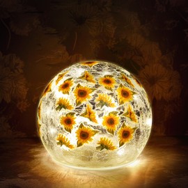 Rossesay 1 Pcs Sunflower Lighted Decorative Glass Ball 3.9 Inch Waterproof Yellow Floral Crackle LED Lights for Garden Glass Globe LED Lamp Battery Operated for Outdoor Indoor Party Decoration Gift