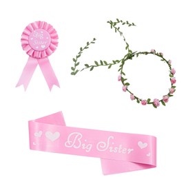 3PCS Big Sister Gifts for Girls,Sister to Be Accessory Set,Including Flower Wreath, Big Sister Satin Sash and Badge Pin for Baby Shower Party Announcement Party Decorations Pink