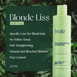 braiz Blonde Liss 8.45oz - Brazilian Keratin Single Step Hair Straightening Treatment - No Frizz - No Yellow Tones - Repair & Nourishment for Bleached and Blond Hair