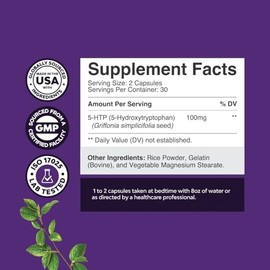 5 HTP Supplement 5-Hydroxytryptophan - 5HTP 100mg per Serving Gentle Herbal Sleep and Mood Enhancer - 5-HTP 100 mg per Serving Mood Supplement and Sleep Support Capsules from Griffonia Simplicifolia