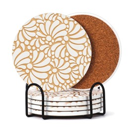 RimCereal Talavera Coasters for Drinks Set of 6 with Holder Mexican Round Ceramic Stone Mat Absorbent Cielito Lindo Party Favor 3.9 Inch Round Boho Drink Coaster for Housewarming Room Bar Decor