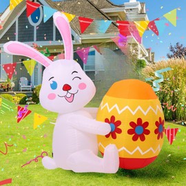 Easter Inflatables Outdoor Decorations Bunny Easter Blow Up Patio Decorations Colorful Egg Bunny Inflatable Decoration with Built-in LED Lights Patio Easter Party Decorations Lawn Patio Home