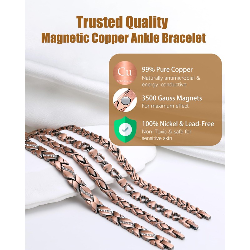 Jeracol Copper Ankle Bracelet for Women, Adjustable Magnetic Ankle Bracelets