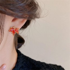 Red Maple Leaf Earrings for Women Elegant Fall Hot Red Orange Plant Leaves Sparkly Crystal Cubic Zirconia Lightweight Long Tassel Threader Dangle Earrings for Autumn Thanksgiving Day Party Holiday Trendy Jewelry Gifts (Maple leaf studs)