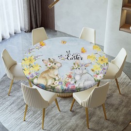 ousente Happy Easter Day Fitted Tablecloth, Cute Rabbits Spring Flowers Bunny Elastic Edged Round Table Covers, Outdoor & Indoor, Picnic, Restaurant, Patio, Party Dining Decor, Fits up to 28'' Tables