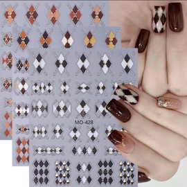 3Sheets Plaid Nail Stickers for Women's - 5D Embossed Decals Self-Adhesive Nail Art Stickers Vintage Colorful Diamond Plaid Pattern Retro Nail Charms Sticker for DIY New Year Manicure Decoration