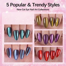 Vansiho 150Pcs Cat Eye Press on Nails, Glossy Glitter Cat Eye Designs Nail Tips for Women, Medium Almond Soft Gel Fake Nails, for Women and Girls Glossy Reusable Nail Tips in 15 Sizes