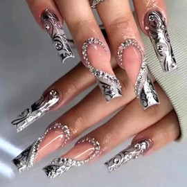 MISUD Press on Nails Long Square Fake Nails Glossy Glue on Nails Silver Chrome Swirl Acrylic Nails Squoval Artificial Nails Rhinestone Stick on False Nails with Gray Ombre Design 24 pcs