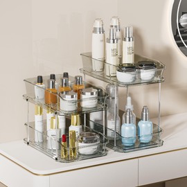 Delamu 2-Tier Under Sink Organizers and Storage, Multi-Purpose Stackable Bathroom Cabinet Organizers, Pull Out Kitchen Pantry Organization and Storage with Dividers(2 Pack, Grey)