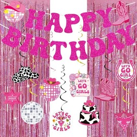 Cowgirl Birthday Party Decorations, Pink Disco Party Supplies with Foil Fringe Curtain, Hot Pink Happy Birthday Banner, Hanging Swirls for Girls Birthday Bachelorette Party