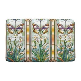 Flower Butterfly Bath Mat Stained Glass Green Leaves Floral Butterfly Glaze Glass Screen Window Modern Memory Foam Home Office Door Bathroom Decor Mat,17.8"x29.5"