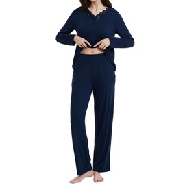 Navisting Women's Sleepwear Set 95% viscose made from bamboo 5% spandex Soft Lace-Trimmed Knit Pajamas for Lounging and Sleeping L Navy