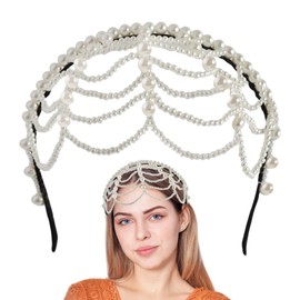 HLTOO 1920s Pearl Cap Headpiece, Roaring 20s Headbands, Head Chain Hair Accessories,for Women Wedding Bridal Cosplay Party