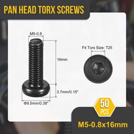 DTGN M5x16mm Pan Head Torx Security Screw - 50Pack - Good for Machinery - Carbon Steel Button Head Torx Bolt Star Drive Security Fasteners - Black