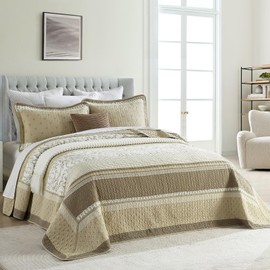 Finlonte 100% Cotton 102"x120" Oversized Queen Bedspread, Queen Size Quilted Bedspread Coverlet Extra Large Quilt Set, Floral Farmhouse XL Bed Spread Lightweight Comforter, Beige/Taupe/Cream, 3 pcs