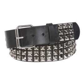 1 3/4" Snap On Three Row Punk Rock Star Metal Silver Studded Solid Leather Belt, Black | 44"
