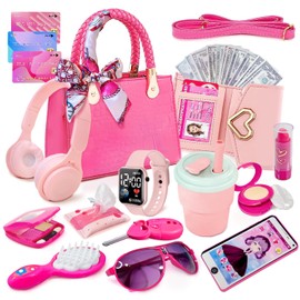Little Girl Purse with Pretend Makeup for Toddlers, Kids Play Purse Set - Includes Handbag, Pretend Play Headset, Wallet, Phones, Sunglasses, Keys, Credit Cards, Birthday Gift for Girls Age 3+