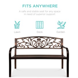 Best Choice Products Outdoor Bench Steel Garden Patio Porch Furniture for Lawn, Park, Deck w/Floral Design Backrest, Slatted Seat - Brown