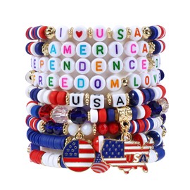 Ardorchid 9pcs USA Flag Bracelets 4th of July Red White and Blue Independence Day Bracelets Stretch Beaded Patriotic Heishi Bracelet Memorial day Jewelry