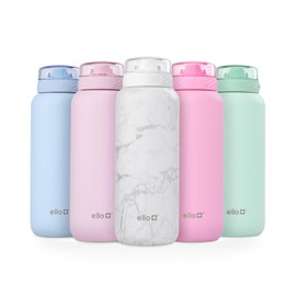 Ello Cooper 32oz Stainless Steel Water Bottle with Straw and Carry Handle, Double Walled and Vacuum Insulated Metal, Leak Proof Locking Lid with Soft Silicone Spout, Reusable, BPA Free, White Marble