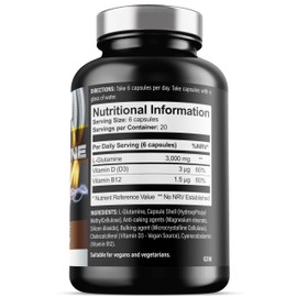 Glutamine - 3000mg L Glutamine Per Serving - Enhanced with D3 & B12 - Vegan and Vegetarian L-Glutamine (120 Capsules)