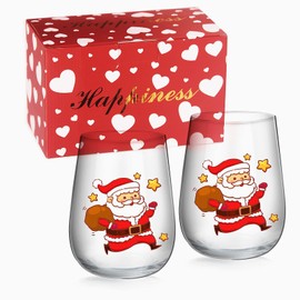 Christmas Wine Glasses Set of 2, Santa Stemless Wine Glass, Wine Glass Christmas Stemless Wine Glass Creative Christmas Gifts with Color Box, Holiday Kitchen Décor, Cup Of Cheer Wine Glass