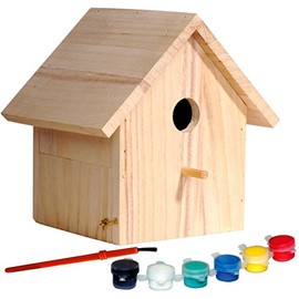 Dobar 22368FSC Decorative FSC-Certified Spruce Wood Bird House - Craft Set for Children to Build and Paint Themselves with Paintbrush, Sponge and Stencil