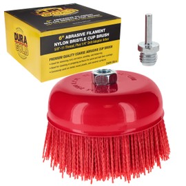 Dura-Gold 6" Abrasive Filament Nylon Bristle Cup Brush - 5/8" 11 Thread, 1/4" Hex Drill Shank Arbor, Coarse Grit Angle Grinder Brush for Truck Bed Liner Surface Prep, Sanding, Rust & Paint Removal