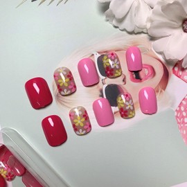 Cute Press on Nails Short Square Fake Nails Colorful Flowers Acrylic Nails, Pink Full Cover Nails Press ons Spring Stick on Sweet Nails for Women 24 Pcs