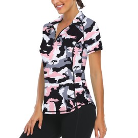 LURANEE Women's Short Sleeve Moisture Wicking Athletic Shirts Quarter Zip Pullover Pink Camo