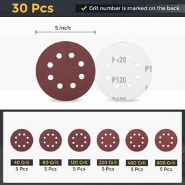 HARFINGTON 30 Pcs 5 Inch Sanding Disc 8 Hole 40/80/120/220/400/800 Grit Hook and Loop Sandpaper Aluminum Oxide Orbital Sander Pads for Woodworking Automotive Metal Polishing