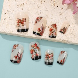 Fall Press on Nails Short Square Fake Nails with Maple Leaf Design Black French Tip False Nail Thanksgiving Autumn Maple Leaves Acrylic Stick on Nail for Women 24 Pcs