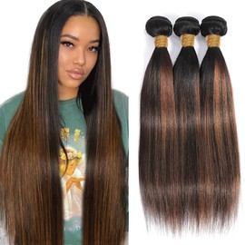 Fridnae Highlight Straight Bundles Human Hair Ombre Bundles 24 26 28 Inch Designed for Black Women P1B/30 Human Hair Bundles Double Weft Extension