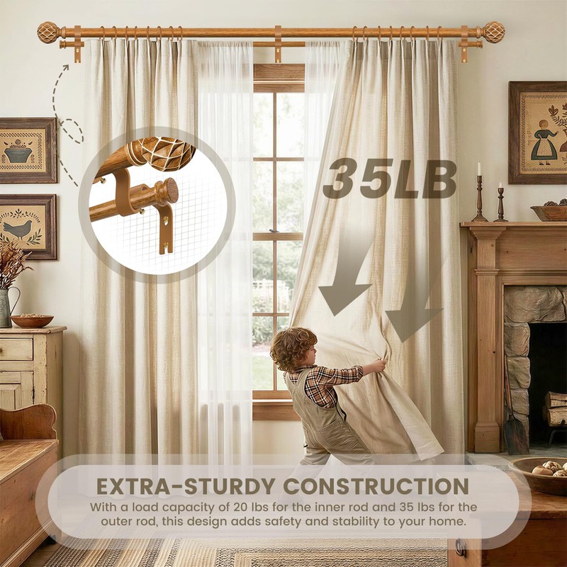 TKZTKZ Wood Double Curtain Rod,1" Adjust Farmhouse Boho Wooden Rods,36-88"