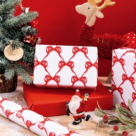 RUSPEPA Reversible Bow Wrapping Paper - Mini Roll - 43.2cm x 10m - Pretty Red Bow Wrapping Paper for Christmas, Birthday, Baby Shower