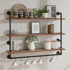 ROGMARS Industrial Pipe Shelving Bathroom Shelves with Towel bar, 48 in Rustic Floating Shelves Pipe Wall Shelf with Hooks for Living Room,Kitchen 3 Tier