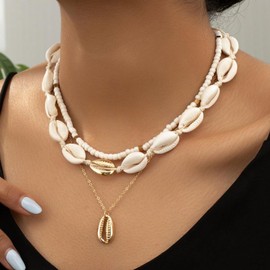 Dcfywl731 Seashell Necklace for Women Gold Conch Shell Necklace Layered Shell Flower Starfish Charm Necklace Puka Shell Necklace Summer Beach Surfer Jewelry Outfits Accessories
