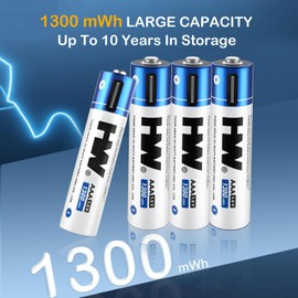 HW USB Rechargeable AAA Lithium Batteries, 4 Pack Lithium Triple A Batteries 1300mWh, 1.5V Constant Output, 1.5H Fast Charg with USB-C Cable, 1600 Cycles