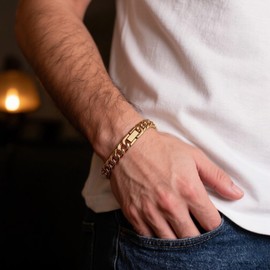JSNOM Mens Bracelet Cuban Link: Cuban Chain Wrist Bracelets with Stainless Steel Closure, Black Silver Gold Link Bracelets for Men (Gold, 7.5inch)