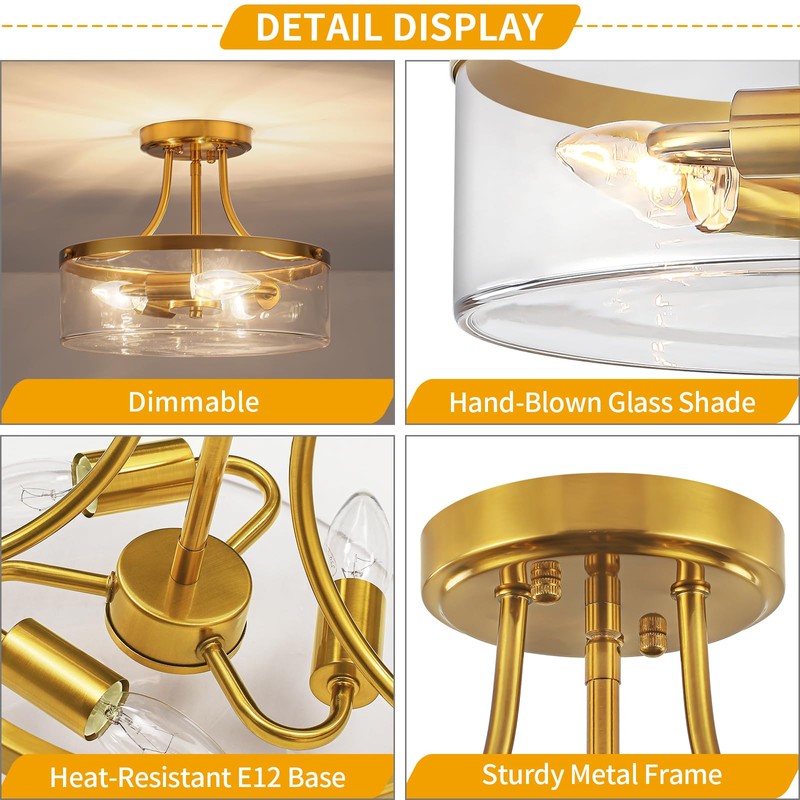 11.81" Brushed Gold Semi Flush Mount Ceiling Light Modern Glass